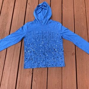 Boys long sleeve blue shirt with hood. Size 8.